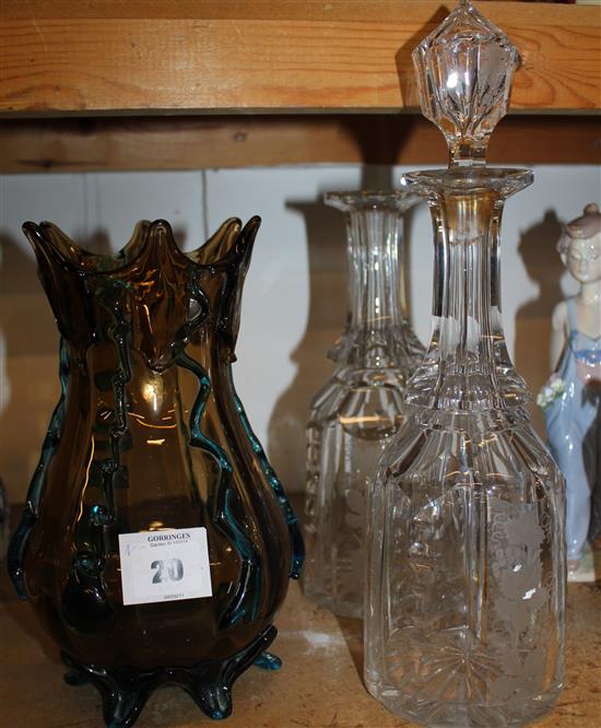 Free form glass vase, possibly Webb & pair of Victorian glass decanters(-)